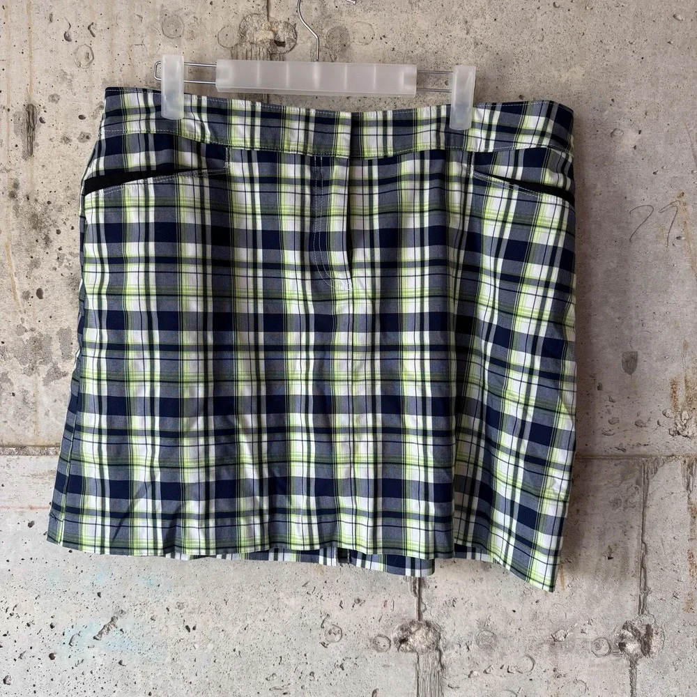 IZOD Golf Skort Womens 14 Blue Green‎ Plaid Lined Pockets Athletic Summer Casual